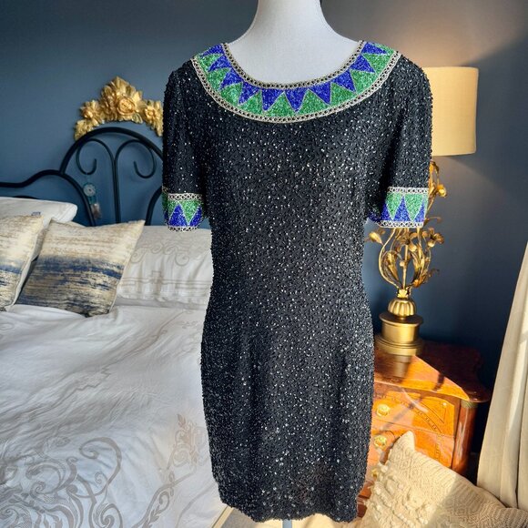 80s Vintage Niteline by Della Roufogali Beaded Sequin Mini Dress - Picture 3 of 16